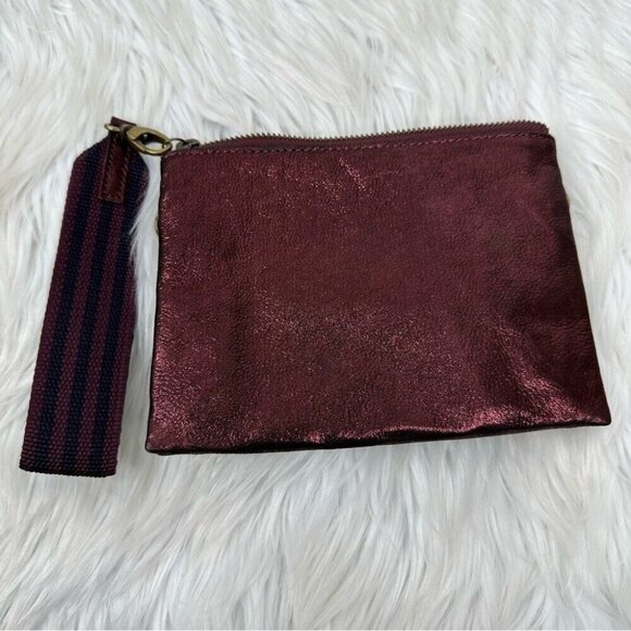 Anthropologie Women’s Maroon Leather Metallic Wristlet Small 5.5" X 7.5" - Picture 1 of 16